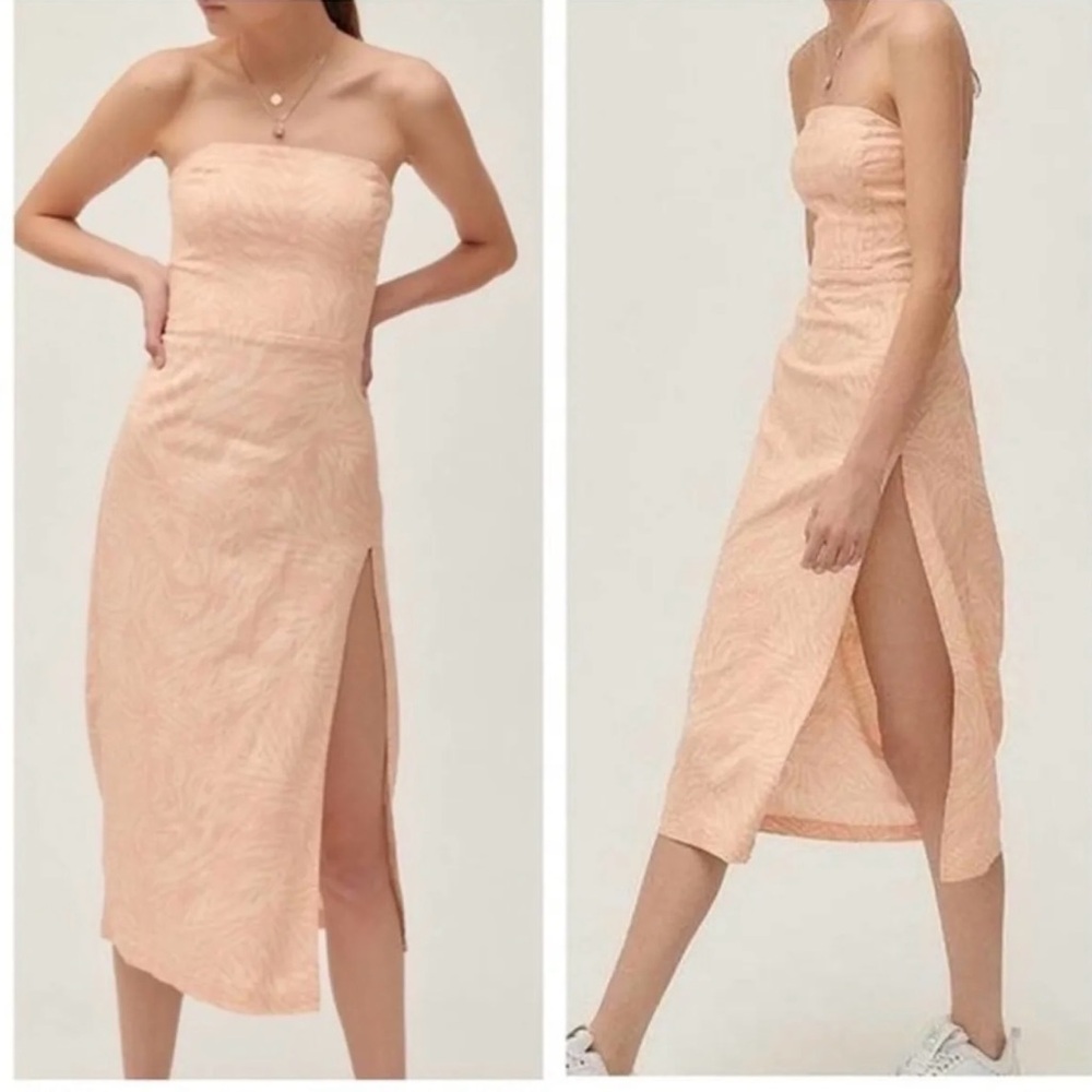 Urban Outfitters Creamsicle Zebra Print  Linen Blend Strapless Slit Midi…